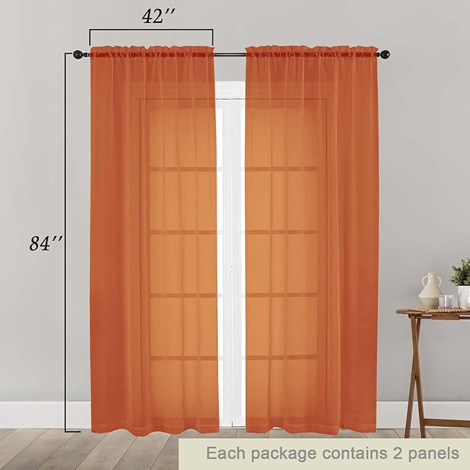 Orange Sheer Curtains 84 Inches Long 2 Panels, Soft Airy Light Filtering Curtains for Bedroom Living Room, Modern Rod Pocket Privacy Drapes Window Treatments, Orange, Total Wide 84 Inch