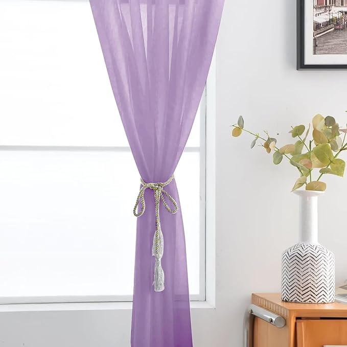 SpaceDresser Sheer Voile Window Treatment Rod Pocket Curtain Panels for Kitchen Bedroom Living Room Drapes Sunlight Filtering Privacy Semi Home Decor Assorted (Lavender, 52 W x 63 L)