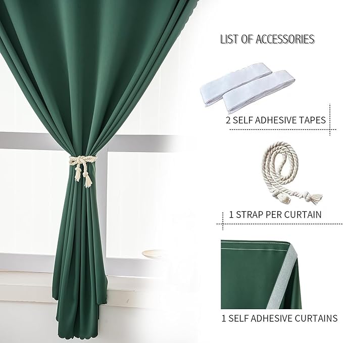Blackout Curtains for Bedroom Sticky Curtain Blackout Window Cover Self Adhesive Curtains Rod No Drillng, 59" W X 96" L, Dark Green, 1 Panel