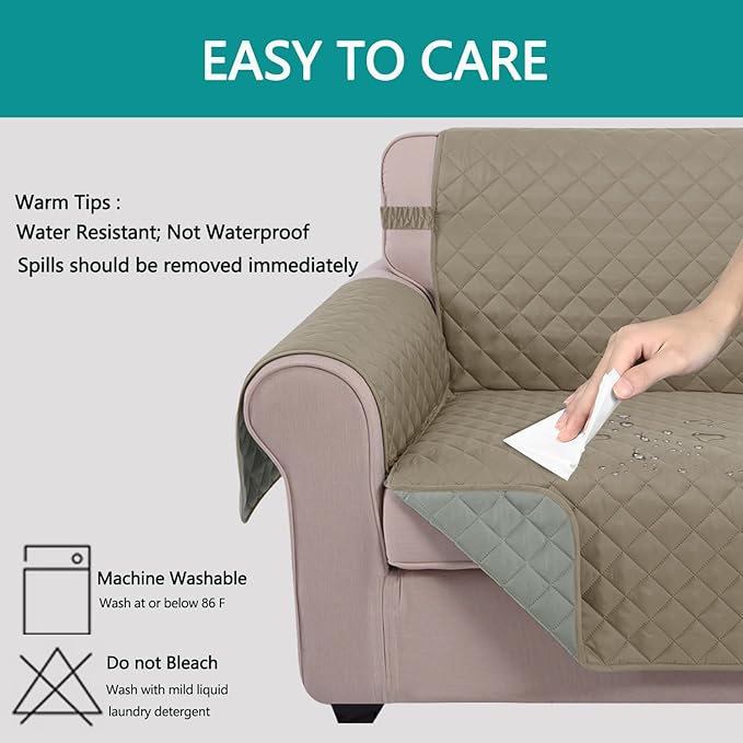 U-NICE HOME Reversible Oversized Chair Covers Quilted Water Repellent Pet Protectors with Elastic Straps(28''Armchair, Khaki/Light Grey)