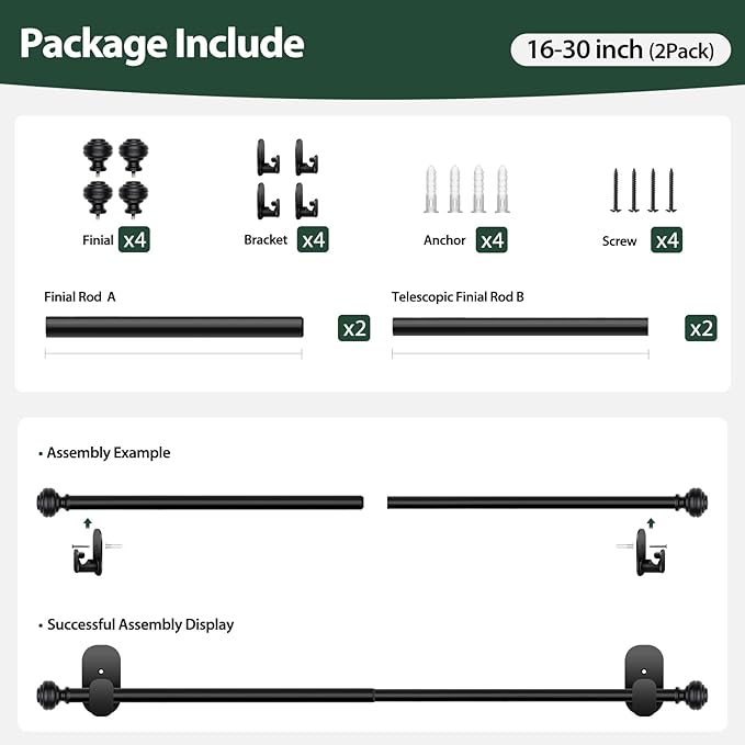 KAMANINA Curtain Rods No Drilling for Windows 16 to 30 Inches, 5/8 Inch Adjustable Small Curtain Rod 2 Pack No Screw with 3M Adhesive Brackets without Drilling, Black