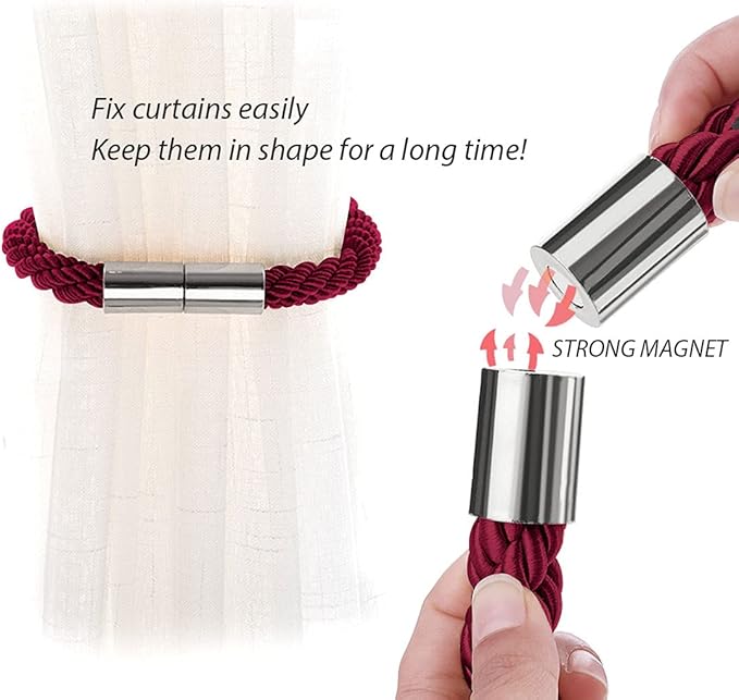 NICEEC 4 Pack Strong Magnetic Curtain Tiebacks Modern Simple Style Drape Tie Backs Convenient Decorative Weave Rope Curtain Holdbacks for Thin or Thick Home & Office Window Draperies (Wine Red)