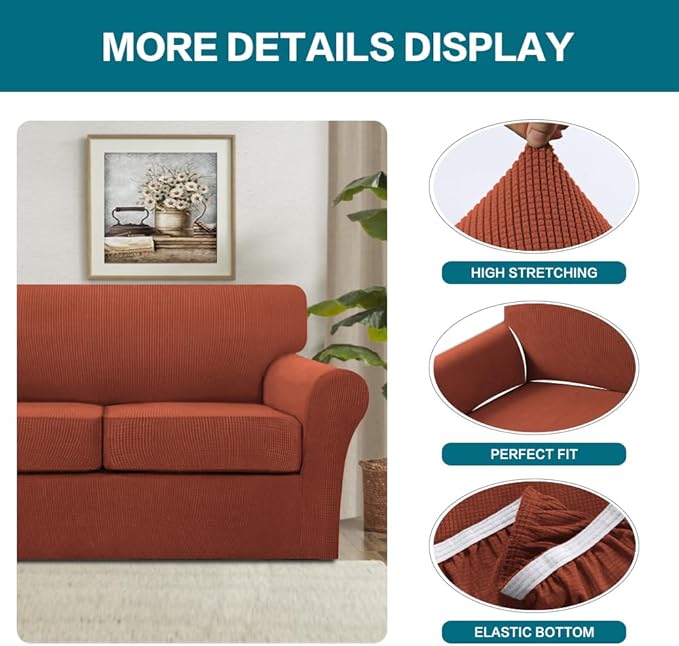Turquoize 4 Piece Sofa Covers for 3 Cushion Couch Sofa Slipcover Soft Couch Cover for Dogs-Washable Sofa Furniture Covers with 3 Individual Large Cushion Covers (XL Sofa, Rust)