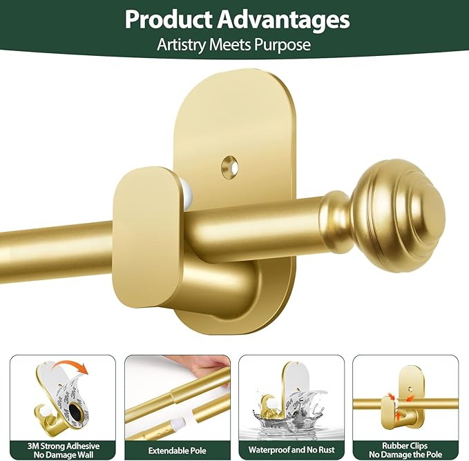 KAMANINA 2 Pack Curtain Rods No Drilling for Windows 32 to 58 Inches, 5/8 Inch Diameter Adjustable Single Curtain Poles with Adhesive Brackets, Gold