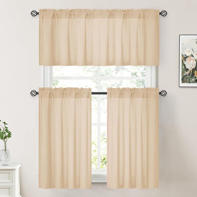 HOMEIDEAS Non-See-Through Beige Privacy Sheer Kitchen Curtains, 30 X 24 Inches Long 2 Panels Taupe Sheer Curtains Light Filtering Bathroom Window Drapes for Bedroom Living Room
