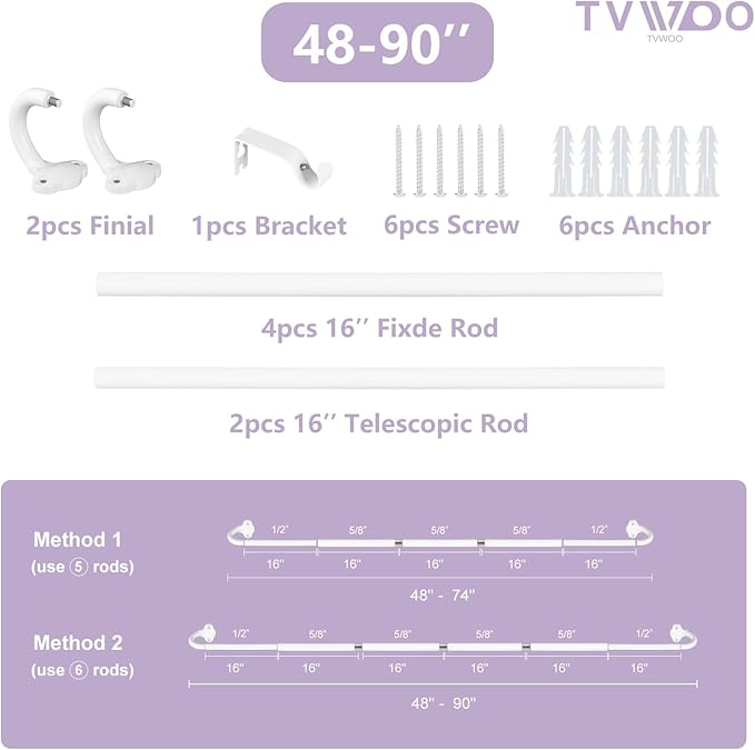 TVWOO Wrap Around Curtain Rods,White Curtain Rods 48 to 84 Inch,5/8 Inch Adjustable Blackout Curtain Rod Set with Bracket,Room Darkening Single Window Rod,Metal Hidden Curved Drapery Rods 48-84",White