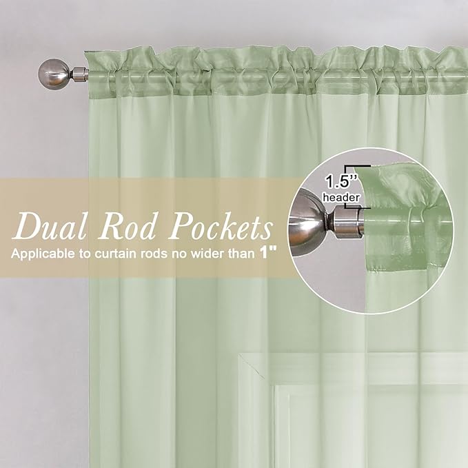 Lecloud Light Green Sheer Curtains 90 Inches Long 2 Panels, Modern Light Filtering Breathable Curtain, Gauzy Stylish Home Decor Drapes with Rod Pocket for Living Room Bedroom, Each 42" W x 90" L