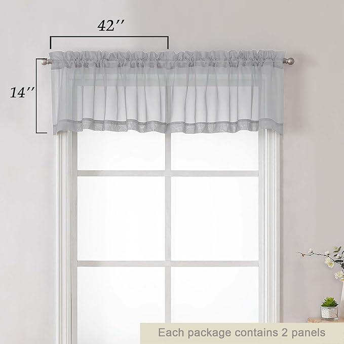 Light Grey Valances for Windows, Light Grey Sheer Curtains 14 Inch Length 2 Pack Kitchen Curtain, Modern Solid Mini Small Window Curtains for Cafe Bathroom Basement, Each 42" Wx14 L Inches