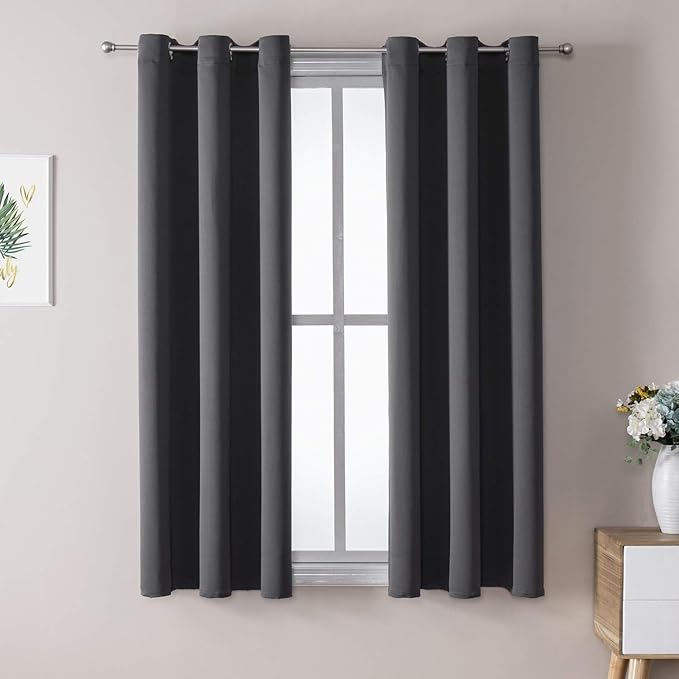 ChrisDowa Small Window Curtains 50 inches Long for Bedroom - Grommet Short Thermal Insulated Room Darkening Curtains for Kitchen (2 Panels, Dark Grey, 29 x 50 Inch)