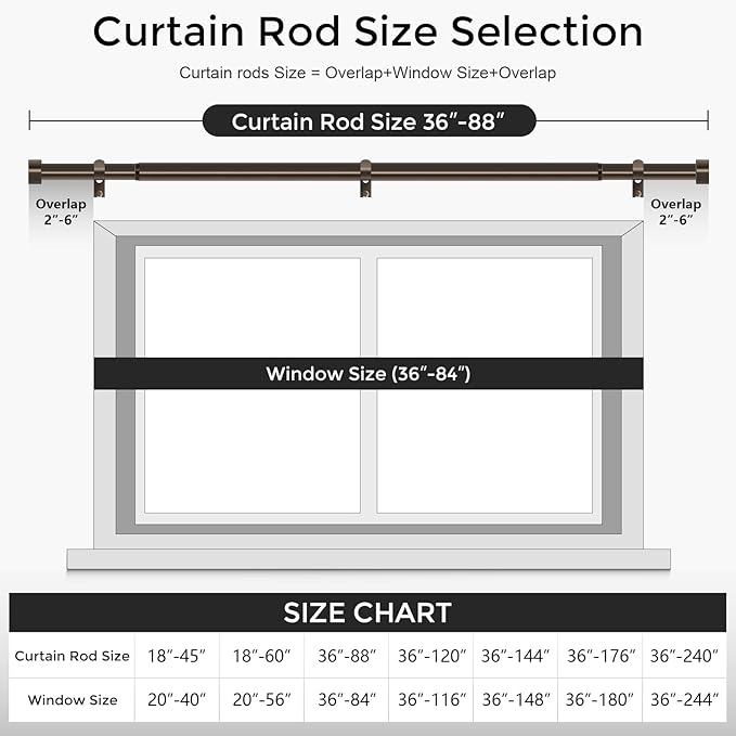 VOIIY 2 Pack Curtain Rods for Windows 48 to 84 Inch(4-7 Feet),Bronze 1'' Diameter Drapery Rods with End Cap Style Design,Modern Adjustable Heavy Duty Curtain Rod,Size:36''-88''