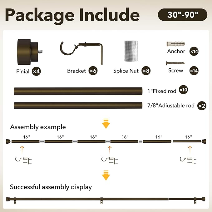 IFELS Heavy Duty Curtain Rods for Windows 48 to 84 Inch, 1 Inch Bronze Curtain Rods Set of 2 Pack for Outdoor Patio, Farmhouse, Bedroom, Kitchen, Adjustable Easy Install Drapery Rod (Bronze,30-90-2p)