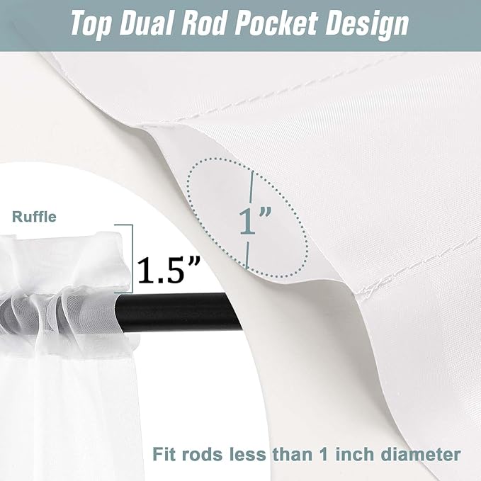 White Small Sheer Curtains Tier 30 Inches Length 2 Pieces, Light Filtering Cafe Curtains Sheers for Living Room Bathroom, Modern Window Treatments Dual Rod Pocket Panels, 2X42Wx30L Inches