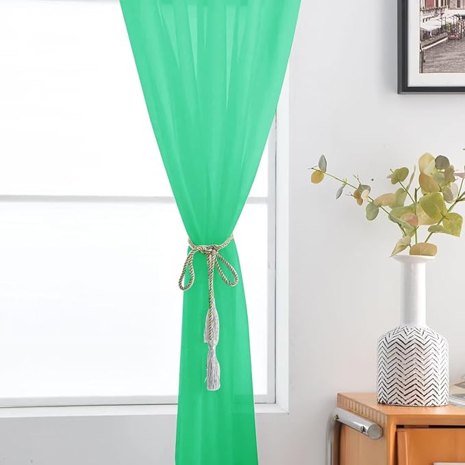 SpaceDresser Basic Rod Pocket Sheer Voile Window Curtain Panels Grass Green 1 Pair 2 Panels 52 Width 45 Inch Long for Kitchen Bedroom Children Living Room Yard（Grass Green, 52W x 45L）
