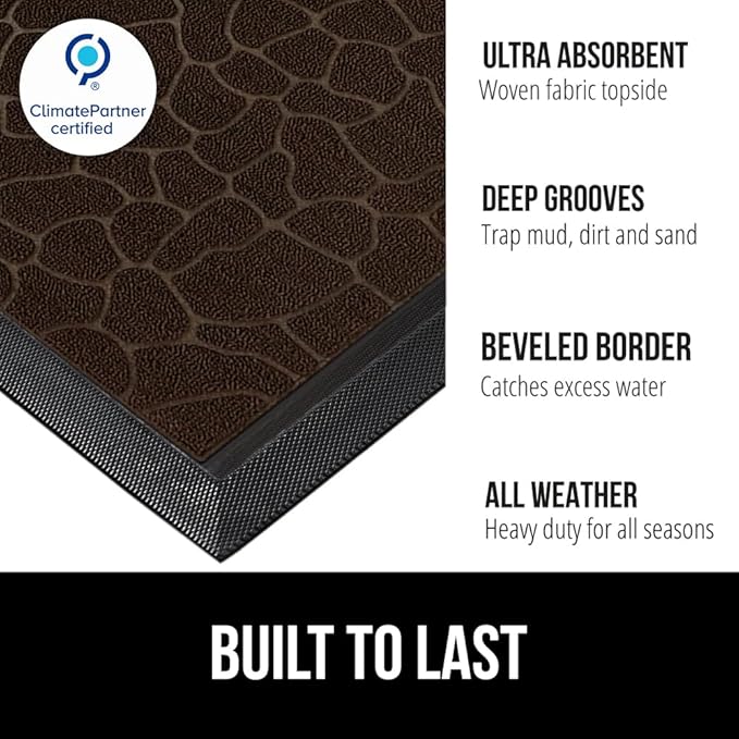 GORILLA GRIP 100% Waterproof All-Season WeatherMAX Doormat, 47x35, US Designed Natural Rubber, Stain and Fade Resistant, Low Profile Indoor Outdoor Door Mats, Easy Clean Patio Mat, Dark Brown Pebble