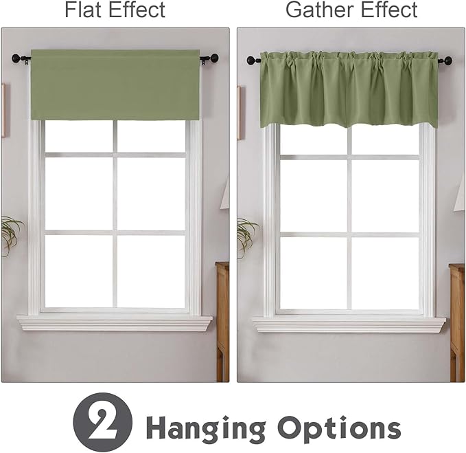 Chyhomenyc Sage Green Valances for Window, Room Darkening Short Curtains for Kitchen Bedroom Living Room, Rod Pocket Top Small Window Treatment Valance RV Bunk Panels, 60" Wx14 L, 2 Pieces