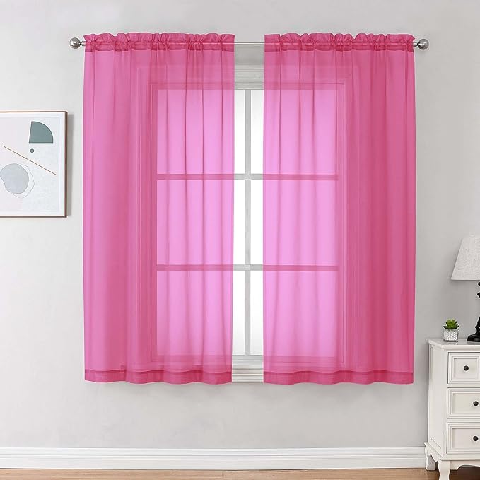OVZME Sheer Curtains 63 inch Length 2 Panels Set for Bedroom Living Room, Elegant Light Filtering Sheer Curtains, Soft Airy Dual Rod Pocket Window Drapes, Each 42W x 63L Inches, Hot Pink