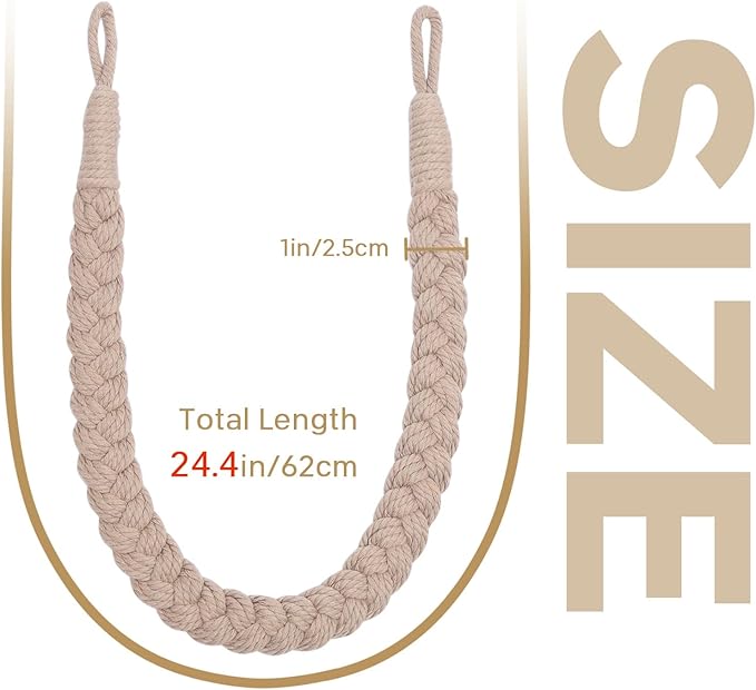 NICEEC 2 Pack Natural Cotton Rope Curtain Tiebacks Elegant Boho Style Decorative Drape Tie Backs Soft Hand-Woven Rope Curtain Holdbacks with Metal Hook for Home & Office Drapery (Grey Coffee)