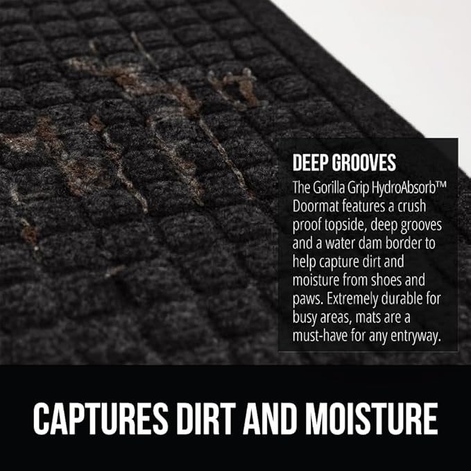 GORILLA GRIP® Ultra Absorbent Front Door Mat Outside Entrance 35x23, Traps Dirt and Moisture, HydroABSORB Indoor Outdoor Doormat Holds 5.7 Cups Water, Stain and Fade Resistant Welcome Mat 2 Pack Black