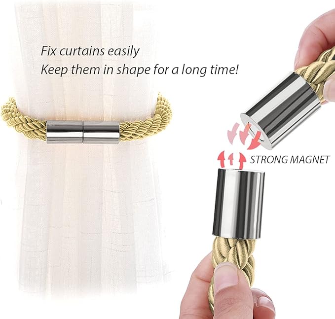 NICEEC 2 Pack Strong Magnetic Curtain Tiebacks Modern Simple Style Drape Tie Backs Convenient Decorative Weave Rope Curtain Holdbacks for Thin or Thick Home & Office Window Draperies (Gold)