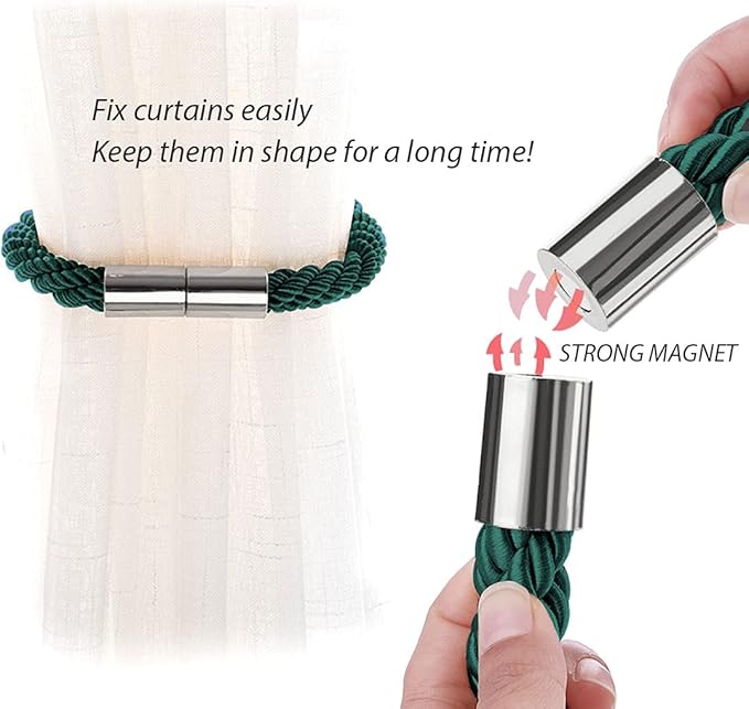 NICEEC 2 Pack Strong Magnetic Curtain Tiebacks Modern Simple Style Drape Tie Backs Convenient Decorative Weave Rope Curtain Holdbacks for Thin or Thick Home & Office Window Draperies (Green)