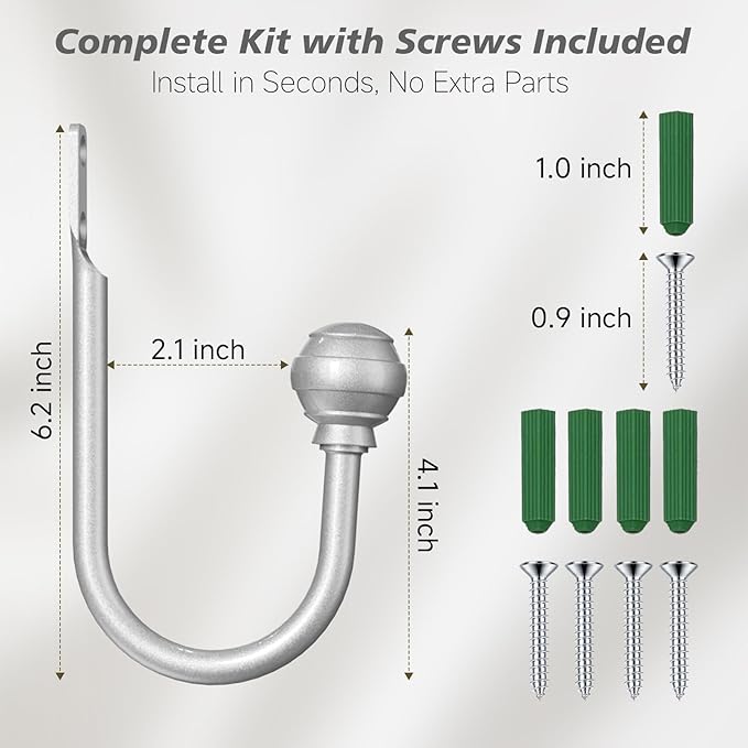 Hion Curtain Holdbacks Silver 4pcs, Curtain Tiebacks Wall Mounted Curtain Hooks Holders for Drapes