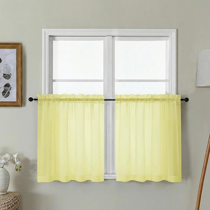 Gwine Short Kitchen Sheer Curtains 24 Inch Length - Light Filtering Voile Small Half Window Curtain for Basement, Rod Pocket Cafe Curtains for Bathroom Cabinet, 42Wx24L Inch, 2 Panels, Lemon