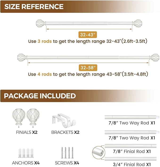 KAMANINA Curtain Rod 32 to 58 Inch(2.6-4.8Ft), Heavy Duty White Curtain Rods for Windows, 7/8 Inch Single Drapery Rod Adjustable, Decorative Netted Texture End