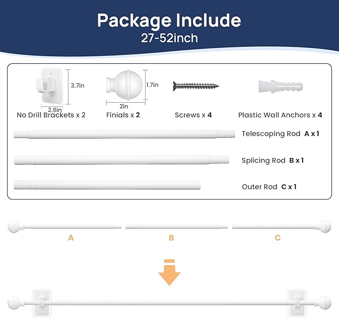 ENJOYBASICS No Drill Curtain Rods for Window 28 to 47 Inches, 5/8 Inch Diameter Renter Friendly Drapery Rod with Adhesive Brackets without Drilling, Adjustable from 27 to 52 Inches, White