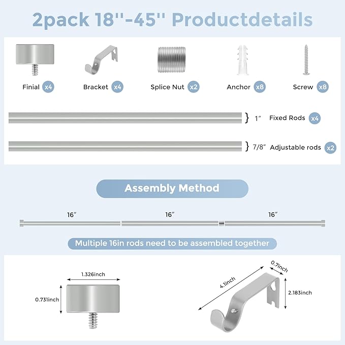 VOIIY 2 Pack Curtain Rods for Windows 18 to 42 Inch(1.5-3.5 Feet),Silver 1'' Diameter Drapery Rods with End Cap Style Design,Modern Adjustable Heavy Duty Curtain Rod,Size:18''-42''