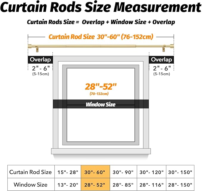GEEBOBO Gold Curtain Rods for Windows 28 to 48 Inch, 1 Inch Adjustable Heavy Duty Easy Install Curtain Rods Set for Outdoor, Patio, Farmhouse, Bedroom, Living Room (Gold, 30"-60")