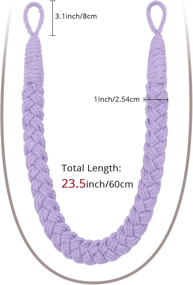 NICEEC 2 Pack Natural Cotton Rope Curtain Tiebacks Elegant Boho Style Decorative Drape Tie Backs Soft Hand-Woven Rope Curtain Holdbacks with Metal Hook for Home & Office Drapery (Purple)