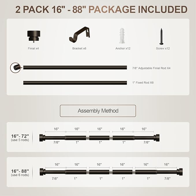Lootkell 2 Pack Modern Brown Curtain Rods Set for Windows 48 to 84 Inches Adjustable Length Heavy Duty 1" Diameter Window Curtain Rod with Decorative Finials for Outdoor Bedroom Kitchen Living Room