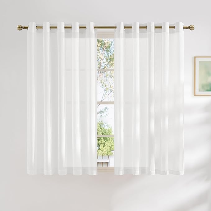NICETOWN White Linen Sheer Bedroom Curtains 63 inch Length, Grommet Linen Textured Semi Sheer Privacy Window Treatments Light Filtering for Kids Room, W62 x L63, Set of 2