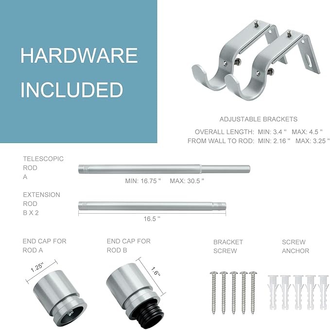 Byondeth Curtain Rods for Windows 16 to 48 or 60 Inches Max Adjustable Length 1 Inch Diameter Window Curtain Rod with Aluminium End Cap, Silver Gray