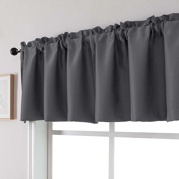 Chyhomenyc Blackout Valances for Windows, Short Window Valance Curtains for Living Room Bedroom Bathroom, Room Darkening Solid Privacy Small Kitchen Valances, 60Wx16L, 2 Pack, Charcoal Grey