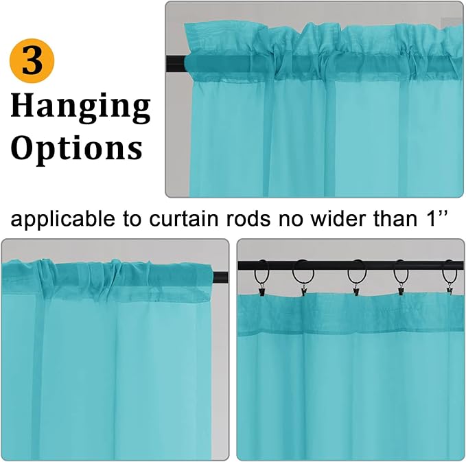 Gwine Turquoise Sheer Curtain Tiers 24 Inch Length, Light Filtering Voile Short Curtain for Living Room Bedroom, Rod Pocket Cafe Curtains for Small Windows 42x24 Inch, 2PCS