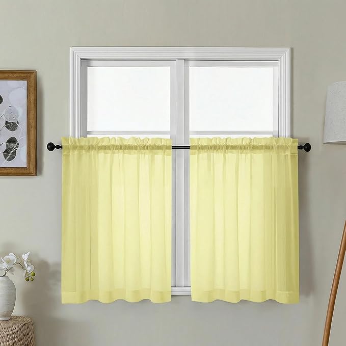 Gwine Short Kitchen Sheer Curtains 30 Inch Length - Light Filtering Voile Small Half Window Curtain for Basement, Rod Pocket Cafe Curtains for Bathroom Cabinet, 42Wx30L Inch, 2 Panels, Lemon