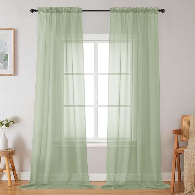 Light Green Sheer Curtains for Bedroom Living Room 96 Inches Long 2 Panels, Modern Airy Soft Lightweight Rod Pocket Light Filtering Sheer Curtains Drapes, Light Green, Each 42" Wx96 L Inch
