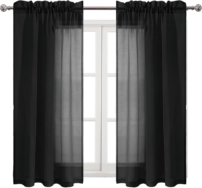 DWCN Black Sheer Curtains Semi Transparent Voile Rod Pocket Curtains for Bedroom and Living Room, 42 x 54 inches Long, Set of 2 Panels