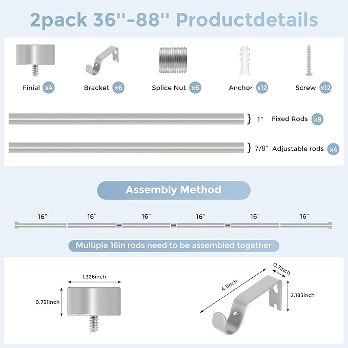 VOIIY 2 Pack Curtain Rods for Windows 48 to 84 Inch(4-7 Feet),Silver 1'' Diameter Drapery Rods with End Cap Style Design,Modern Adjustable Heavy Duty Curtain Rod,Size:36''-88''