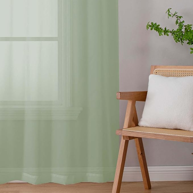 Sheer Sage Green Curtains for Bedroom Living Room 63 Inch Length 2 Panels, Airy Soft Light Filtering Sheer Dining Room Curtains, Modern Rod Pocket Drapes, Sage Green, Each 42" Wx63 L Inches