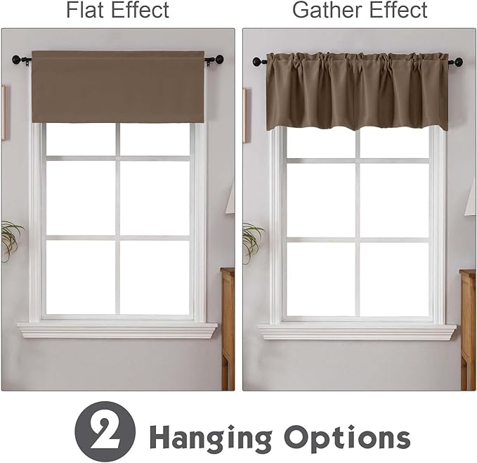 Chyhomenyc Brown Valances for Window, Room Darkening Short Curtains for Kitchen Bedroom Living Room, Rod Pocket Top Small Window Treatment Valance RV Bunk Panels, 40Wx18L, 2 Pieces
