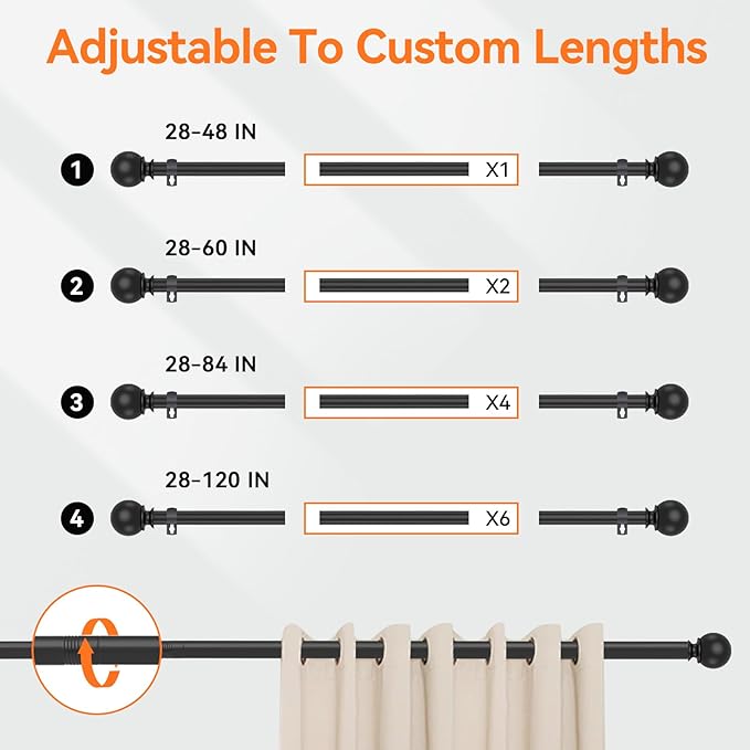Curtain Rod Set for Windows 28 to 60 Inch - 5/8'' Black Heavy Duty - Decorative Window Curtains Rod with Brackets for Kitchen, Bathroom, Sliding Cafe Curtain Rods Door