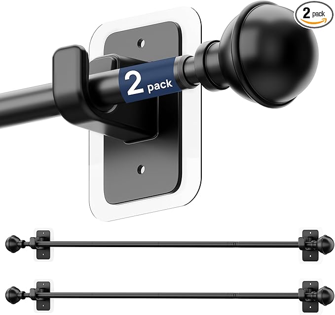 ENJOYBASICS 2 Pack No Drill Curtain Rods for Window 28 to 60 Inches, 5/8 Inch Diameter Renter Friendly Drapery Rod with Adhesive Brackets without Drilling, Adjustable from 27 to 65 Inches, Black