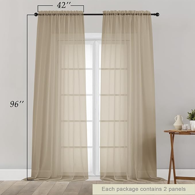 Taupe Sheer Curtains for Bedroom Living Room 96 Inches Long 2 Panels, Modern Airy Soft Lightweight Rod Pocket Light Filtering Sheer Curtains Drapes, Taupe, Each 42" Wx96 L Inch