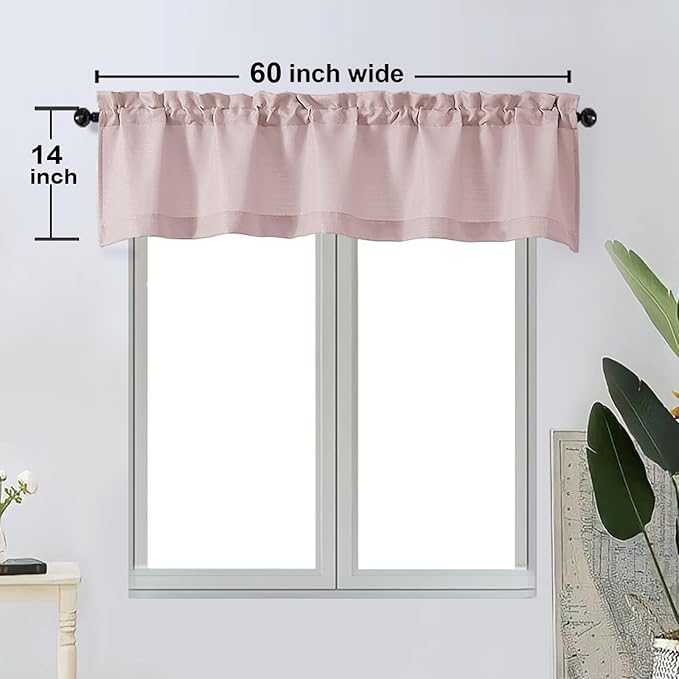 OWENIE Bob 1 PCS Blush Valances for Windows, Faux Linen Textured Kitchen Window Curtains Valance for Bedroom Living Room, Modern Soft Airy Solid Rod Pocket Bathroom Cafe Curtain, 60Wx14L Inch