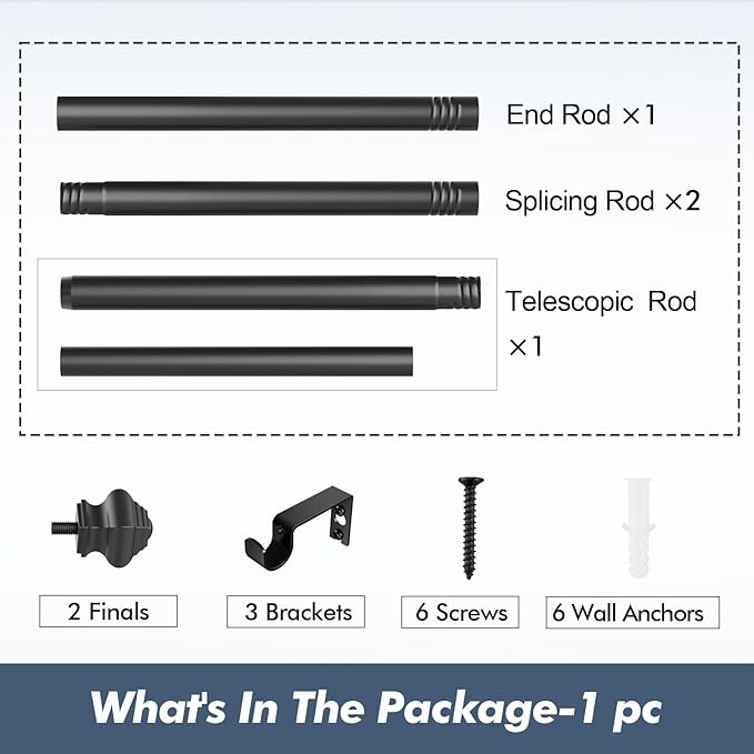 Curtain Rods for Windows 2 Pack 36-78 inch 5/8 inch Matte Black Curtain Rod with Brackets Adjustable by Splicing for Bedroom Kitchen Study Living Room