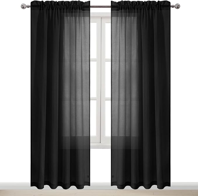 DWCN Black Sheer Curtains Semi Transparent Voile Rod Pocket Curtains for Bedroom and Living Room, 52 x 84 inches Long, Set of 2 Panels