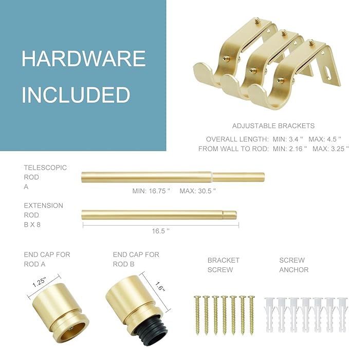 Byondeth Curtain Rods for Windows 16 to 144 Inches Adjustable Length 1 Inch Diameter Window Curtain Rod with Aluminium Finials, Warm Gold
