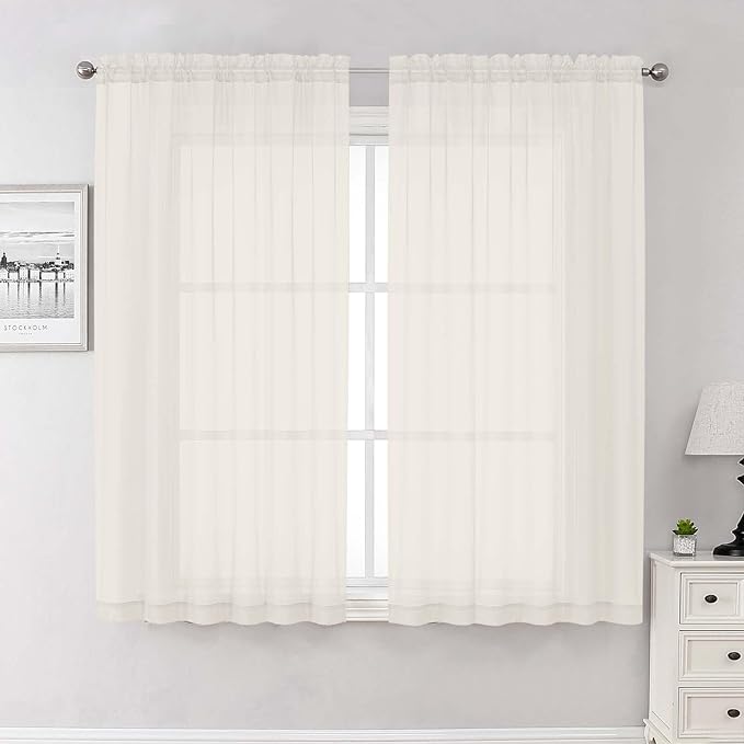 Lecloud Ivory Sheer Curtains 63 Inch Length 2 Panels Set, Rod Pockets Voile Bedroom Curtains for Living Room, Soft Light Filtering Window Treatments Drapes for Bathroom, Each Panel 59" W x 63" L